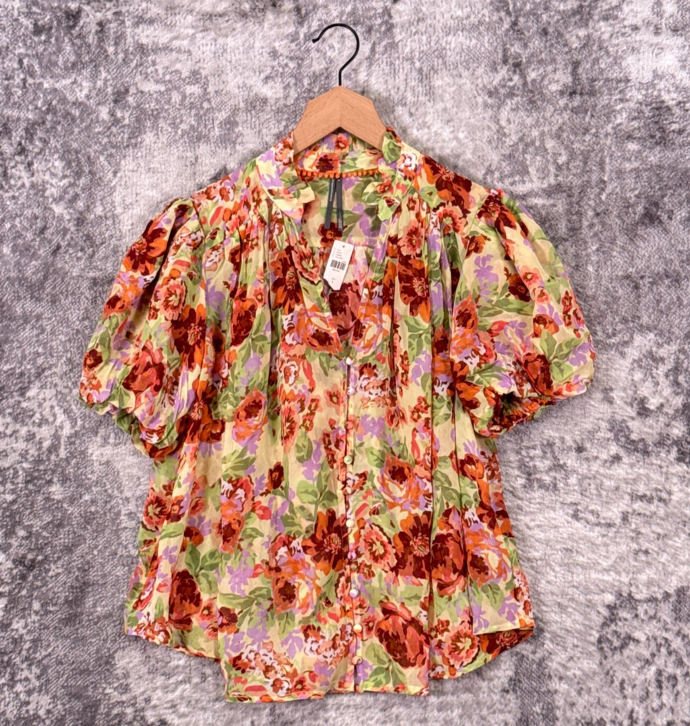 New Anthropologie Top Small Womens Floral Puff Sleeve Button Down Blouse